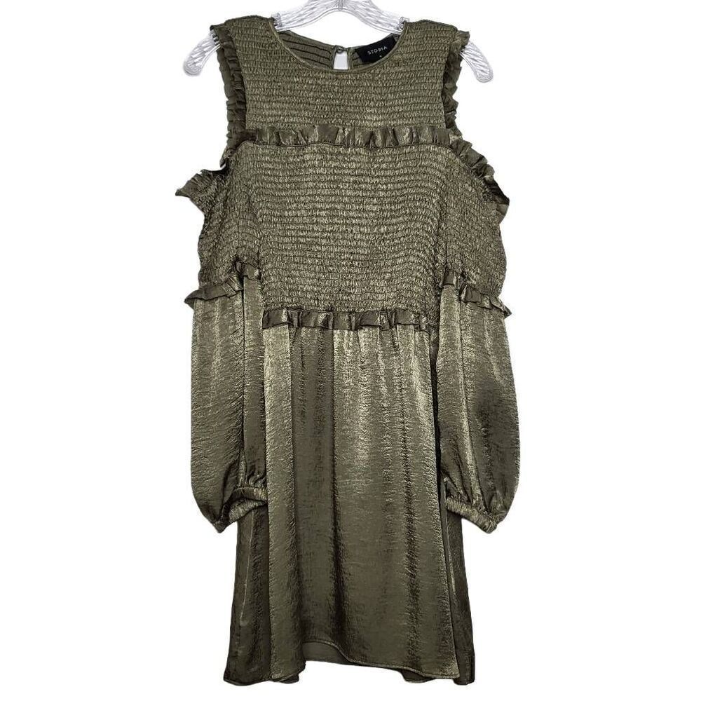NEW STORIA Olive Green Cold Shoulder Balloon Sleeves Ruffle Mini Dress Medium